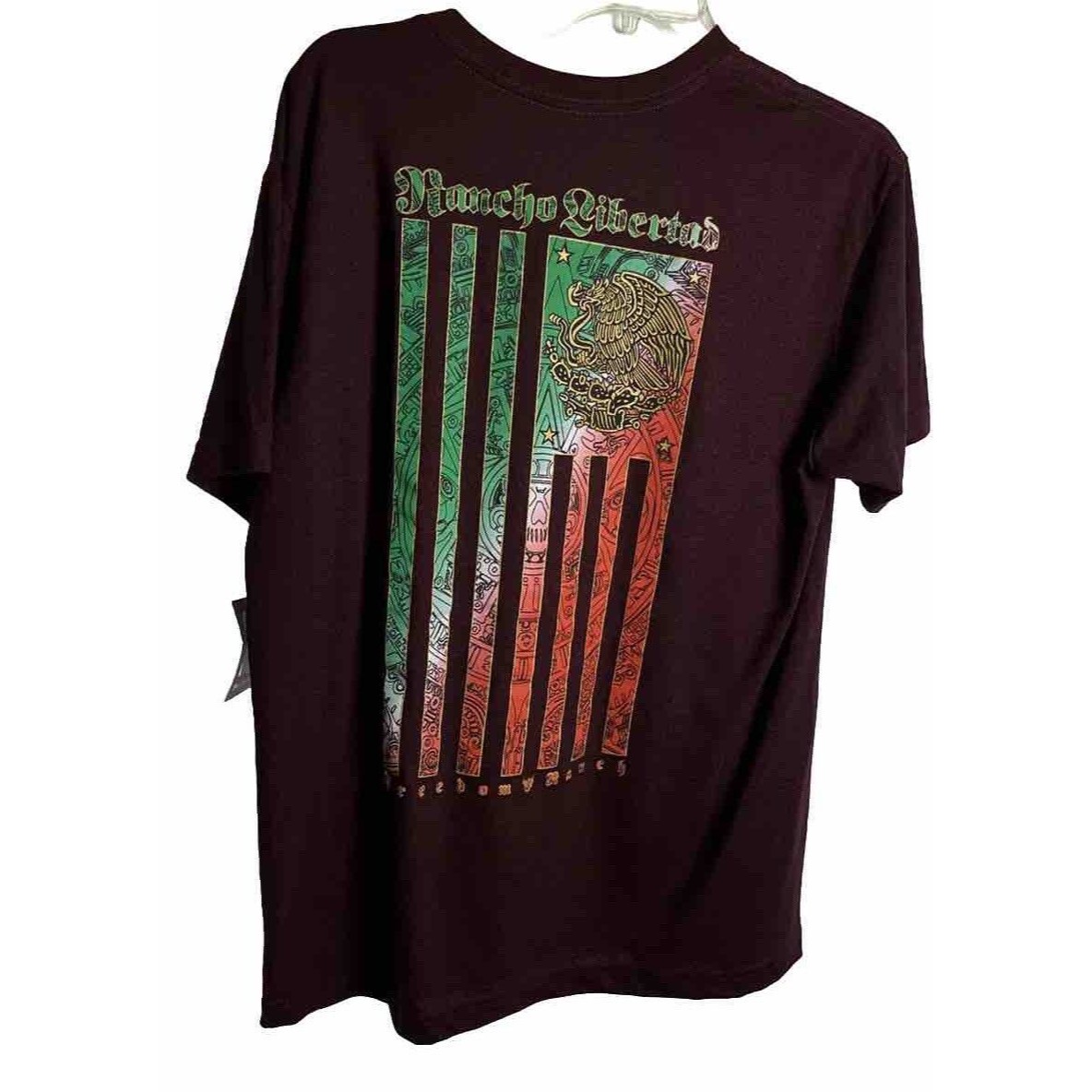 L Freedom Ranch Men Burgundy T-Shirt Flag Of Honor Libertad Mexican Flag Western